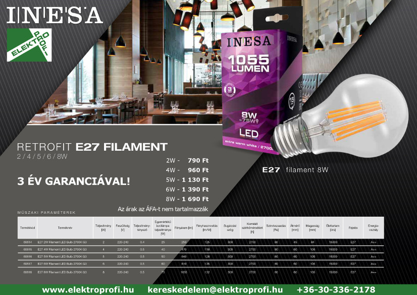 INESA retrofit E27 filament 3 év garanciával