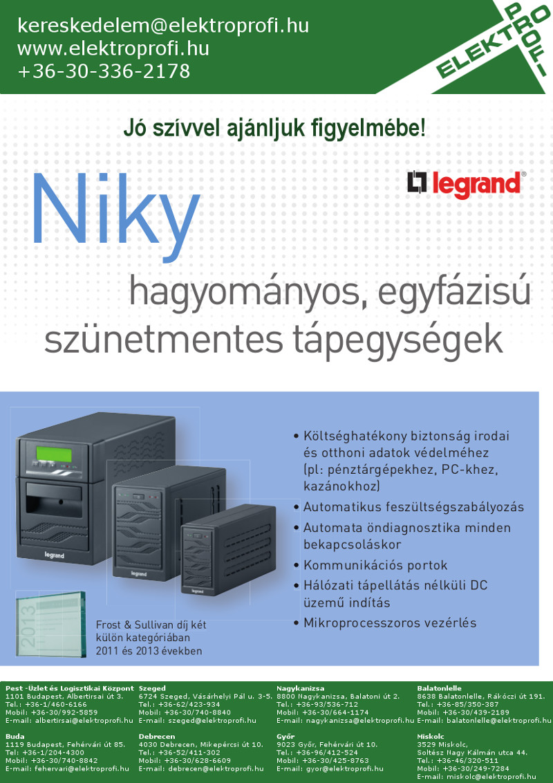 Niky hagyományos, egyfázisú szünetmentes tápegységek. Költséghatékony biztonság irodai és otthoni adatok védelméhez (pl: pénztárgépekhez, PC-khez, kazánokhoz). Automatikus feszültségszabályozás. Automata öndiagnosztika minden bekapcsoláskor. Kommunikációs portok. Hálózati tápellátás nélküli DC üzemű indítás. Mikroprocesszoros vezérlés